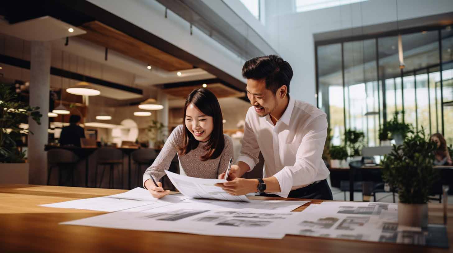 Two colleagues smiling and reviewing architectural plans together in a modern office.