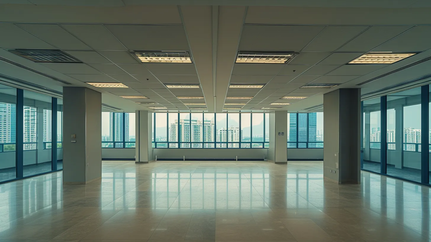 Spacious empty office interior with large glass windows offering a cityscape view of high-rise buildings.